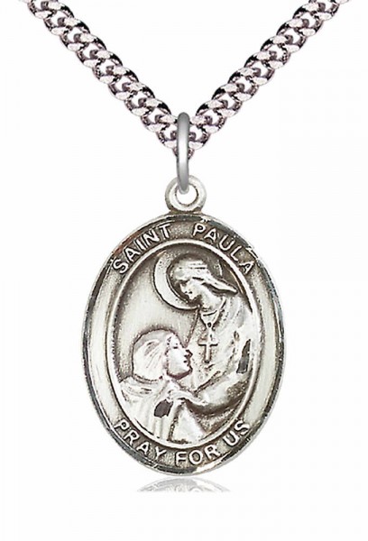 Men's Pewter Oval St. Paula Medal - 24&quot; 2.4mm Rhodium Plate Endless Chain