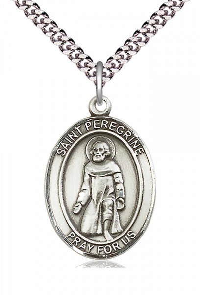 Men's Pewter Oval St. Peregrine Laziosi Medal - 24&quot; 2.4mm Rhodium Plate Chain + Clasp