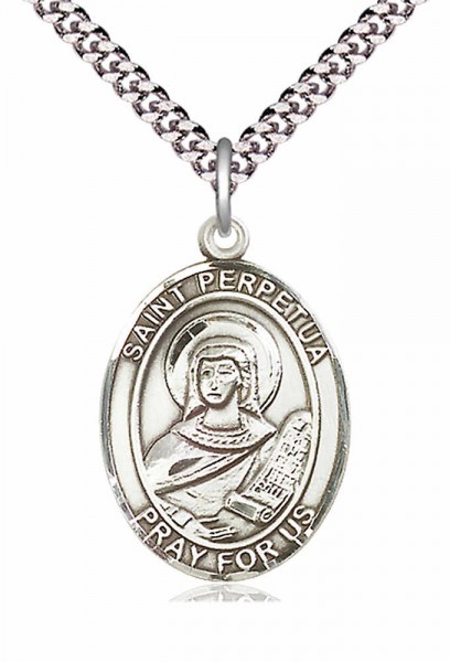 Men's Pewter Oval St. Perpetua Medal - 24&quot; 2.4mm Rhodium Plate Chain + Clasp
