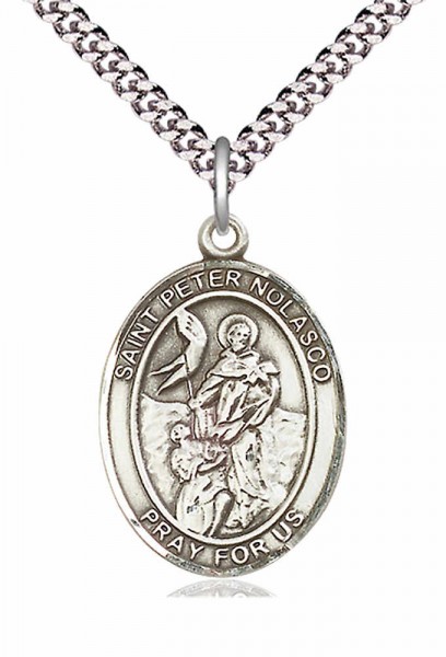 Men's Pewter Oval St. Peter Nolasco Medal - 24&quot; 2.4mm Rhodium Plate Chain + Clasp