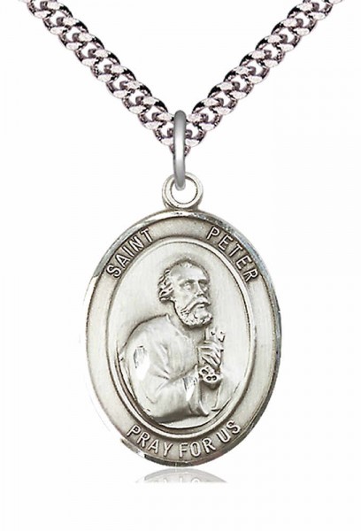Men's Pewter Oval St. Peter the Apostle Medal - 24&quot; 2.4mm Rhodium Plate Chain + Clasp