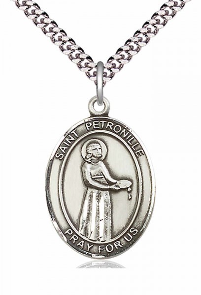 Men's Pewter Oval St. Petronille Medal - 24&quot; 2.4mm Rhodium Plate Chain + Clasp