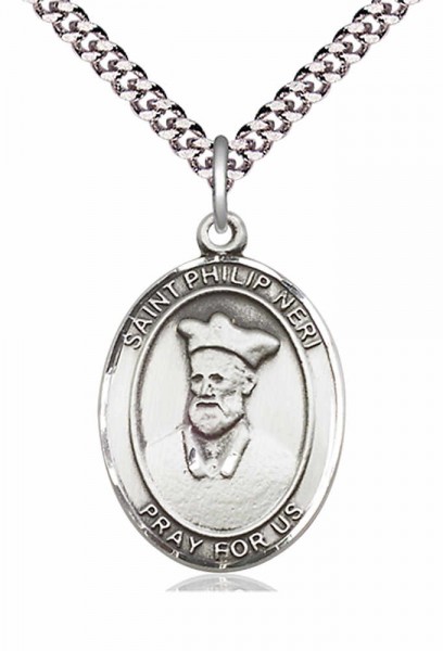 Men's Pewter Oval St. Philip Neri Medal - 24&quot; 2.4mm Rhodium Plate Endless Chain