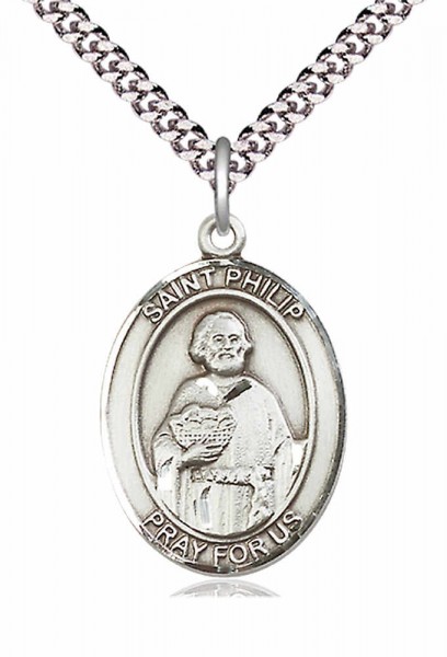 Men's Pewter Oval St. Philip the Apostle Medal - 24&quot; 2.4mm Rhodium Plate Chain + Clasp