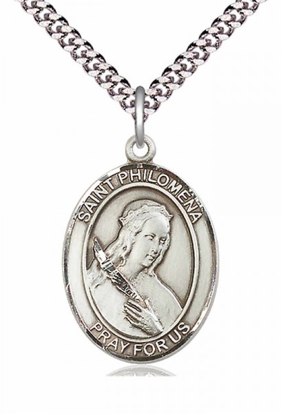 Men's Pewter Oval St. Philomena Medal - 24&quot; 2.4mm Rhodium Plate Chain + Clasp