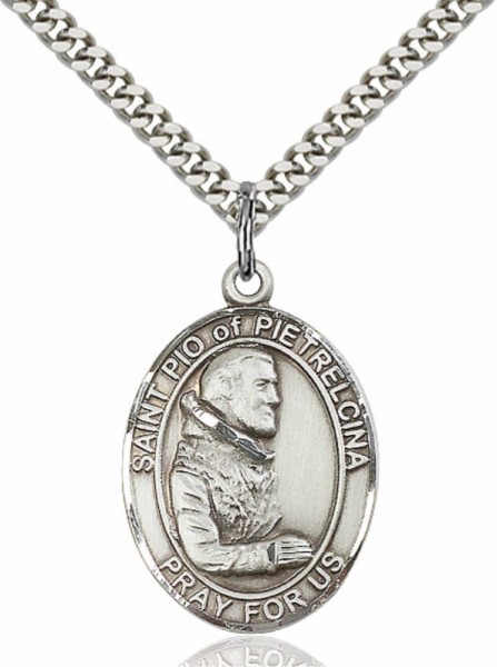Men's Pewter Oval St. Pio of Pietrelcina Medal - 24&quot; 2.4mm Rhodium Plate Chain + Clasp
