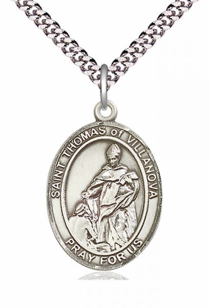 Men's Pewter Oval St. Pius X Medal - 24&quot; 2.4mm Rhodium Plate Endless Chain