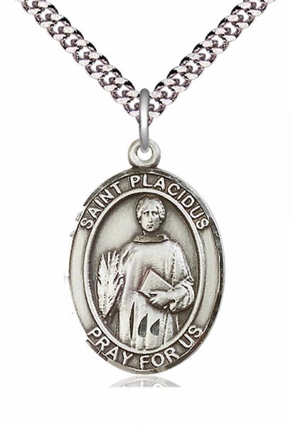 Men's Pewter Oval St. Placidus Medal - 24&quot; 2.4mm Rhodium Plate Chain + Clasp