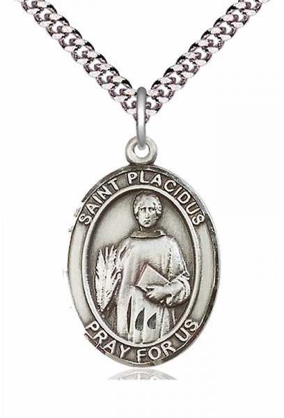 Men's Pewter Oval St. Placidus Medal - 20&quot; Rhodium Plate Chain + Clasp