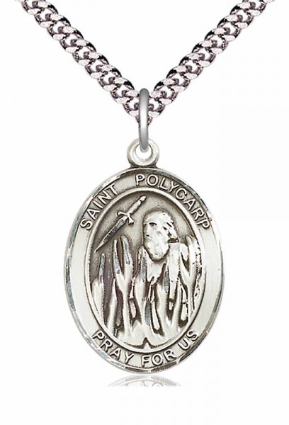 Men's Pewter Oval St. Polycarp of Smyrna Medal - 24&quot; 2.4mm Rhodium Plate Endless Chain
