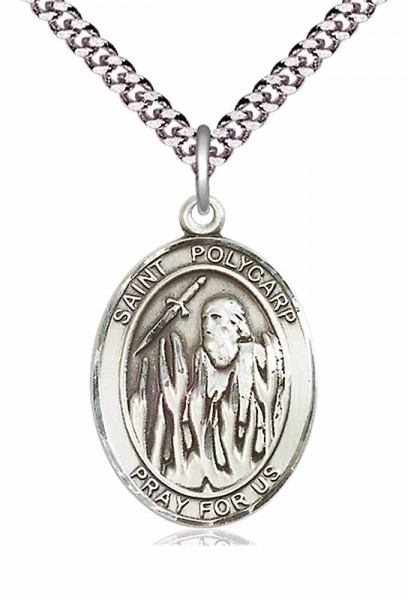 Men's Pewter Oval St. Polycarp of Smyrna Medal - 20&quot; Rhodium Plate Chain + Clasp