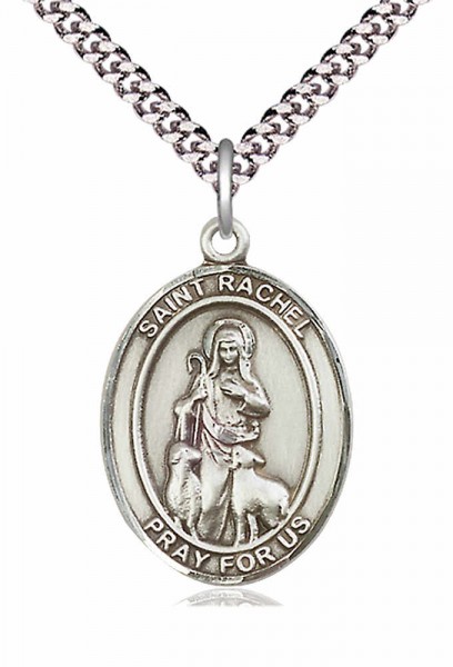 Men's Pewter Oval St. Rachel Medal - 24&quot; 2.4mm Rhodium Plate Endless Chain