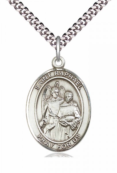 Men's Pewter Oval St. Raphael the Archangel Medal - 24&quot; 2.4mm Rhodium Plate Chain + Clasp