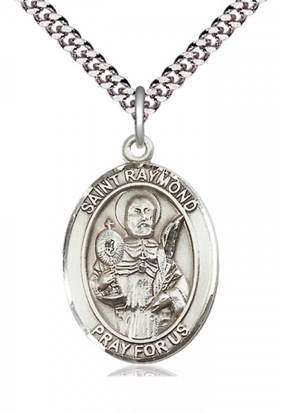 Men's Pewter Oval St. Raymond Nonnatus Medal - 24&quot; 2.4mm Rhodium Plate Chain + Clasp
