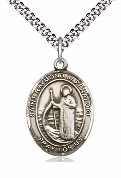 Men's Pewter Oval St. Raymond of Penafort Medal - 24&quot; 2.4mm Rhodium Plate Chain + Clasp