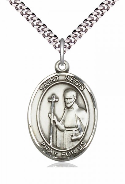 Men's Pewter Oval St. Regis Medal - 20&quot; Rhodium Plate Chain + Clasp