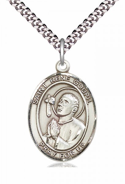 Men's Pewter Oval St. Rene Goupil Medal - 24&quot; 2.4mm Rhodium Plate Chain + Clasp