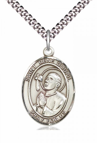 Men's Pewter Oval St. Rene Goupil Medal - 24&quot; 2.4mm Rhodium Plate Endless Chain