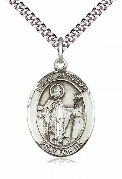 Men's Pewter Oval St. Richard Medal - 20&quot; Rhodium Plate Chain + Clasp