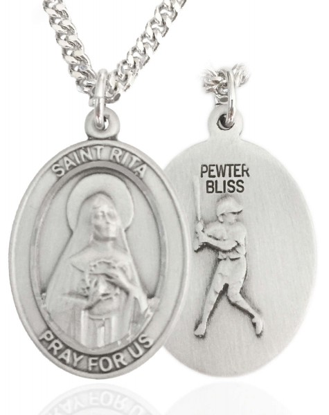 Men's Pewter Oval St. Rita Baseball Medal - 24&quot; 2.4mm Rhodium Plate Chain + Clasp