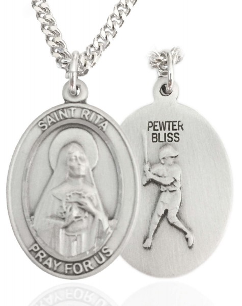 Men's Pewter Oval St. Rita Baseball Medal - 20&quot; Rhodium Plate Chain + Clasp