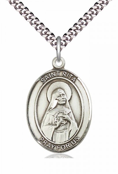 Men's Pewter Oval St. Rita of Cascia Medal - 24&quot; 2.4mm Rhodium Plate Chain + Clasp