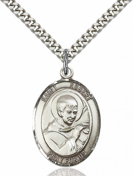 Men's Pewter Oval St. Robert Bellarmine Medal - 24&quot; 2.4mm Rhodium Plate Endless Chain