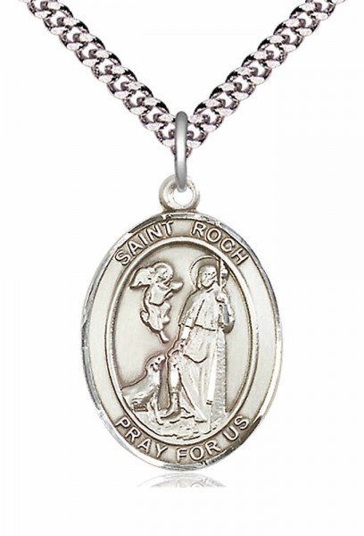 Men's Pewter Oval St. Roch Medal - 24&quot; 2.4mm Rhodium Plate Chain + Clasp