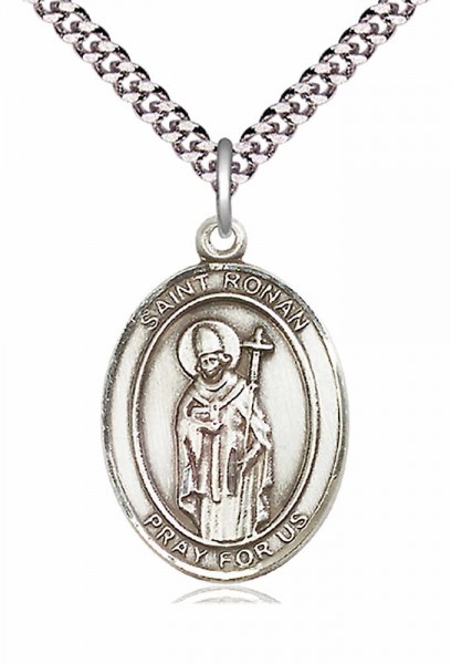 Men's Pewter Oval St. Ronan Medal - 24&quot; 2.4mm Rhodium Plate Chain + Clasp