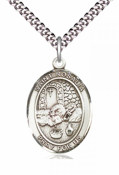 Men's Pewter Oval St. Rosalia Medal - 24&quot; 2.4mm Rhodium Plate Chain + Clasp
