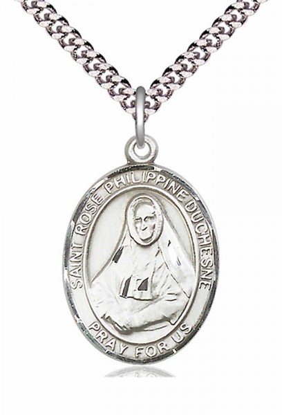 Men's Pewter Oval St. Rose Philippine Medal - 24&quot; 2.4mm Rhodium Plate Chain + Clasp