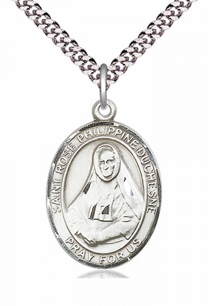 Men's Pewter Oval St. Rose Philippine Medal - 24&quot; 2.4mm Rhodium Plate Endless Chain