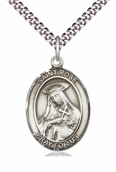 Men's Pewter Oval St. Rose of Lima Medal - 24&quot; 2.4mm Rhodium Plate Chain + Clasp