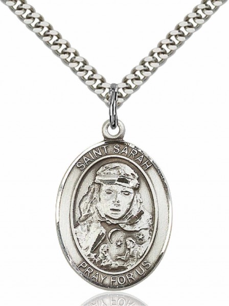 Men's Pewter Oval St. Sarah Medal - 24&quot; 2.4mm Rhodium Plate Endless Chain