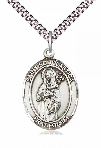 Men's Pewter Oval St. Scholastica Medal - 24&quot; 2.4mm Rhodium Plate Chain + Clasp