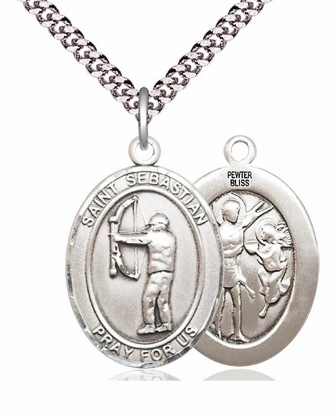 Men's Pewter Oval St. Sebastian Archery Medal - 24&quot; 2.4mm Rhodium Plate Chain + Clasp