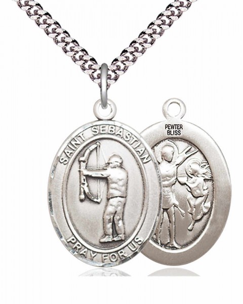 Men's Pewter Oval St. Sebastian Archery Medal - 24&quot; 2.4mm Rhodium Plate Endless Chain