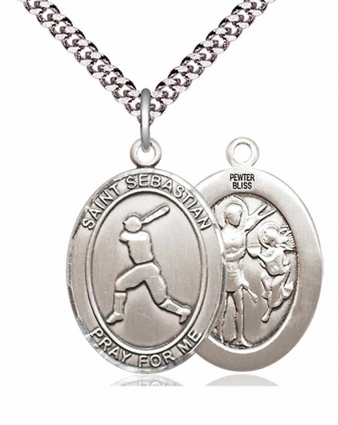 Men's Pewter Oval St. Sebastian Baseball Medal - 24&quot; 2.4mm Rhodium Plate Chain + Clasp