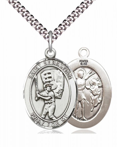 Men's Pewter Oval St. Sebastian Baseball Medal - 24&quot; 2.4mm Rhodium Plate Chain + Clasp