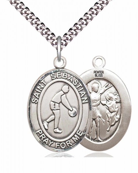 Men's Pewter Oval St. Sebastian Basketball Medal - 24&quot; 2.4mm Rhodium Plate Chain + Clasp