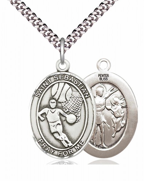 Men's Pewter Oval St. Sebastian Basketball Medal - 24&quot; 2.4mm Rhodium Plate Chain + Clasp