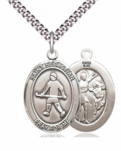 Men's Pewter Oval St. Sebastian Field Hockey Medal - 24&quot; 2.4mm Rhodium Plate Chain + Clasp