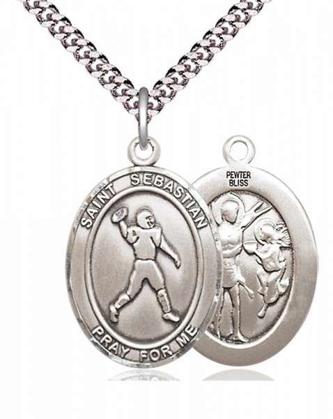 Men's Pewter Oval St. Sebastian Football Medal - 24&quot; 2.4mm Rhodium Plate Chain + Clasp