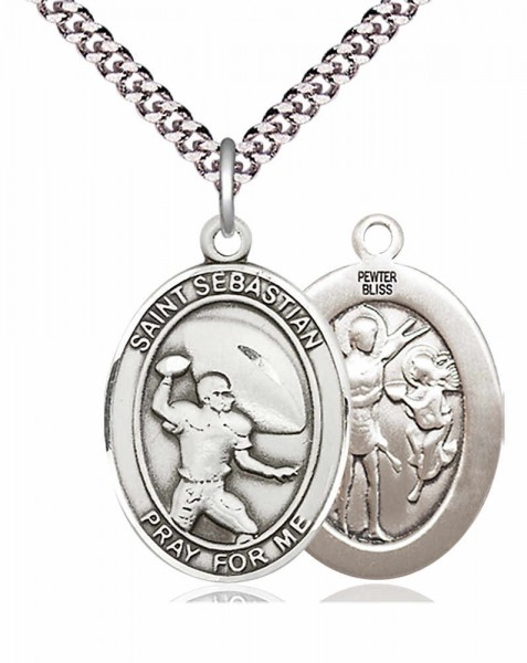 Men's Pewter Oval St. Sebastian Football Medal - 24&quot; 2.4mm Rhodium Plate Chain + Clasp