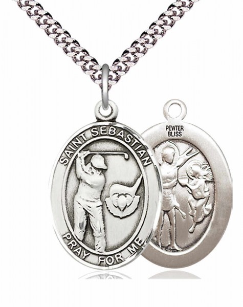 Men's Pewter Oval St. Sebastian Golf Medal - 24&quot; 2.4mm Rhodium Plate Chain + Clasp