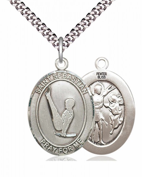 Men's Pewter Oval St. Sebastian Gymnastics Medal - 24&quot; 2.4mm Rhodium Plate Chain + Clasp