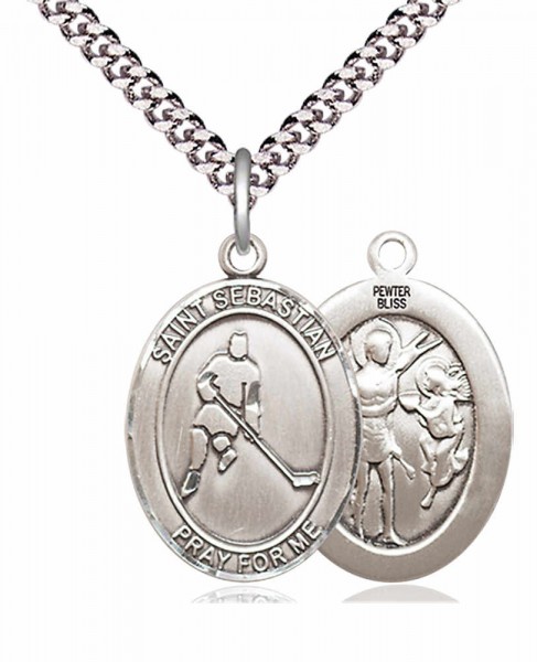 Men's Pewter Oval St. Sebastian Ice Hockey Medal - 24&quot; 2.4mm Rhodium Plate Chain + Clasp