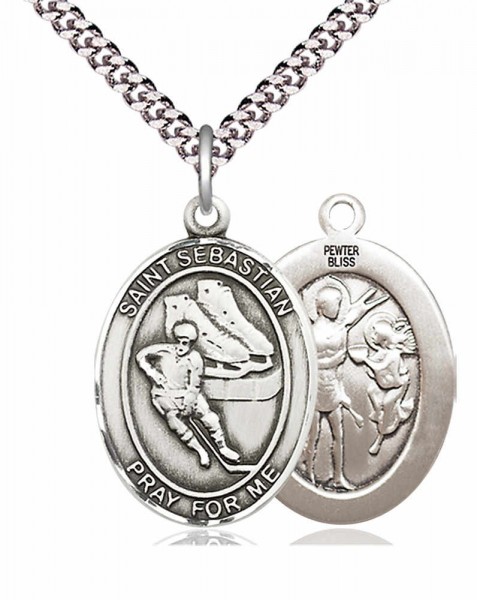 Men's Pewter Oval St. Sebastian Ice Hockey Medal - 24&quot; 2.4mm Rhodium Plate Chain + Clasp