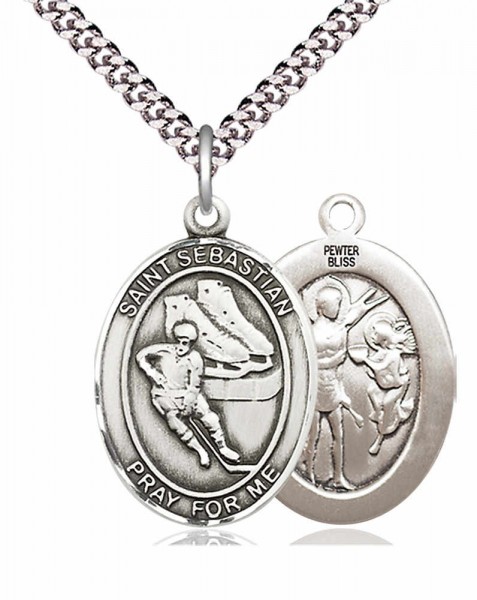 Men's Pewter Oval St. Sebastian Ice Hockey Medal - 20&quot; Rhodium Plate Chain + Clasp