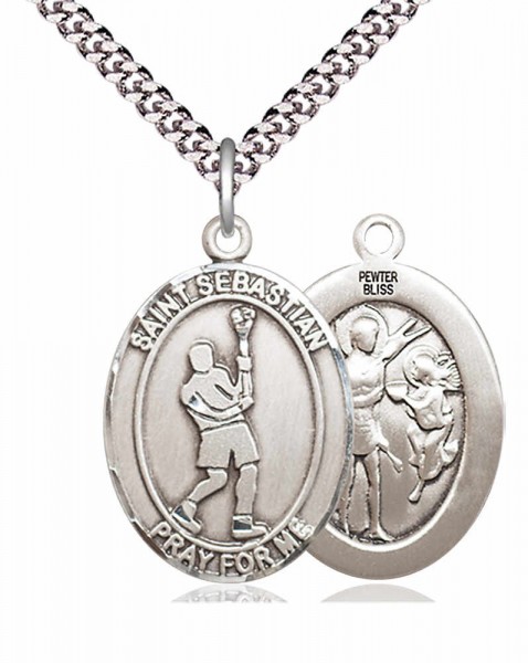 Men's Pewter Oval St. Sebastian Lacrosse Medal - 24&quot; 2.4mm Rhodium Plate Chain + Clasp